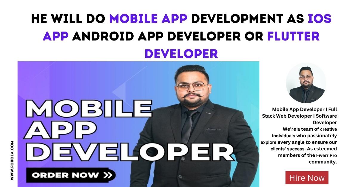 Image depicting a concept of mobile app development. Text reads 'Looking for Mobile App Development? Need an Android or Flutter Developer for Android and iOS App Development?' Visual elements include smartphone icons, coding symbols, and platform logos