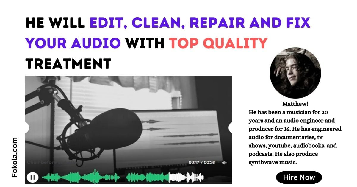 Expert Audio Restoration and Editing Services: Transforming damaged audio into pristine quality. Specializing in noise reduction, dialogue enhancement, and podcast editing. Delivering professional results efficiently and reliably. Before-and-after samples available. Your audio, perfected.